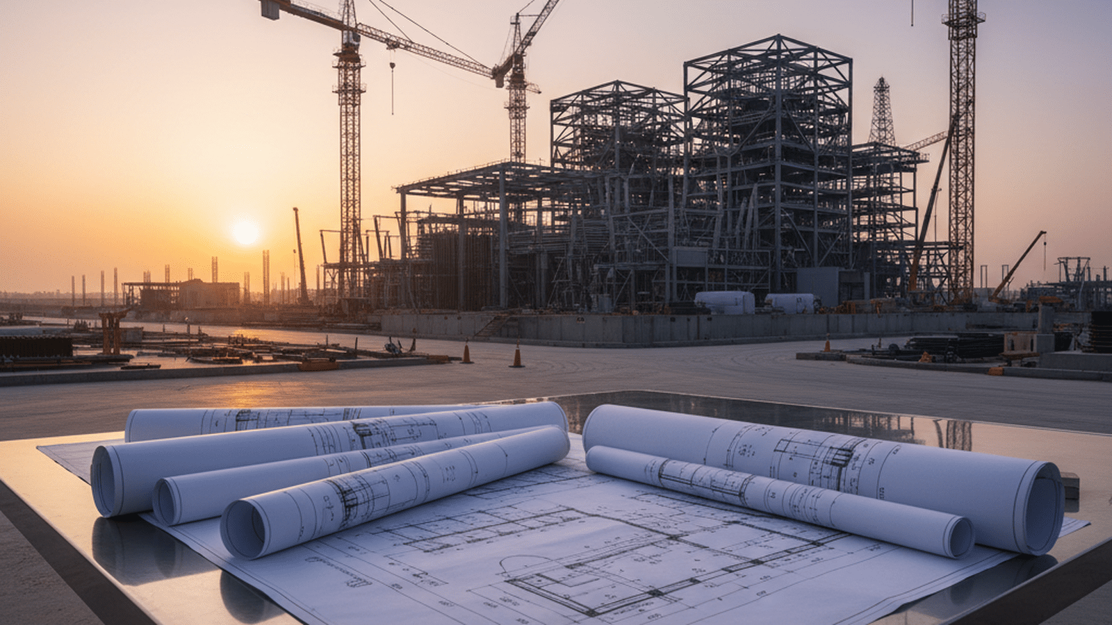 A large-scale government construction site with blueprints in the foreground and a rising steel structure in the background under a dawn sky.