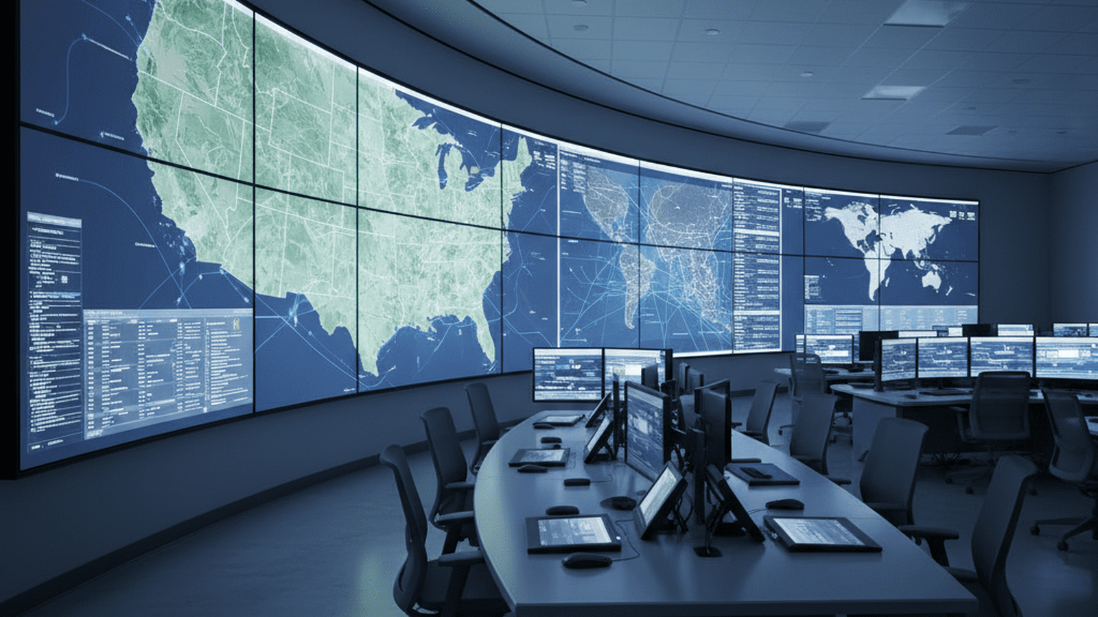 e732ffe6e6c657e9aa1f8fbcb9e18adc2abe4d3c6059035f8f803806a8f8ba6b A modern government command center with digital maps and monitoring screens displaying national travel patterns and coastal security data.