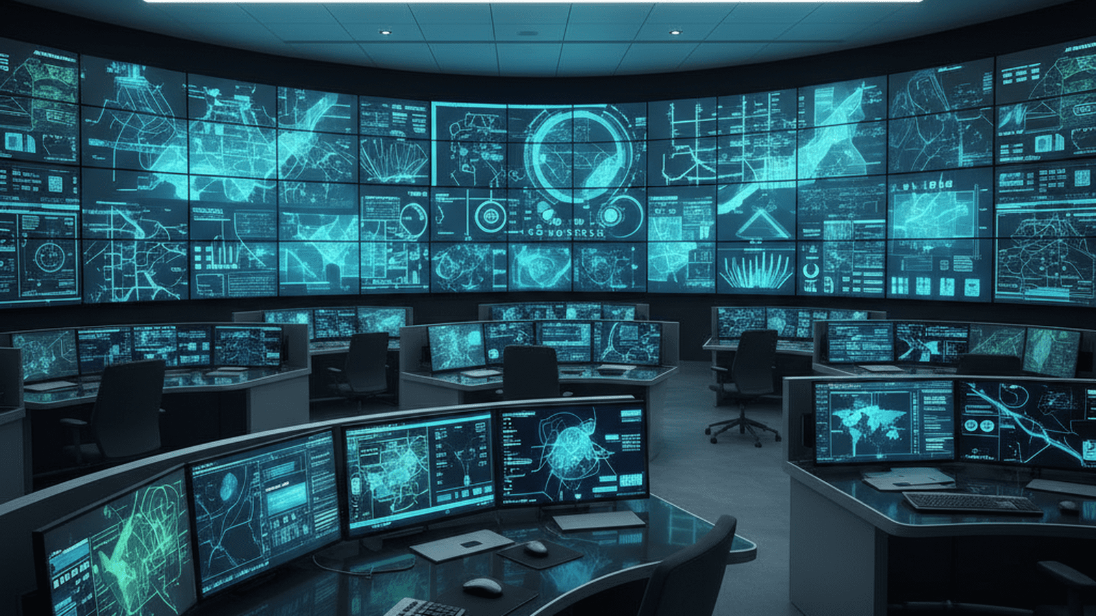 e732ffe6e6c657e9aa1f8fbcb9e18adc2abe4d3c6059035f8f803806a8f8ba6b A high-tech government monitoring center with large screens displaying data and maps.