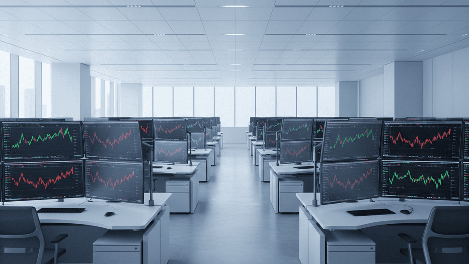 A high-tech financial trading floor in Tokyo displaying record-breaking stock market indices on large electronic screens.