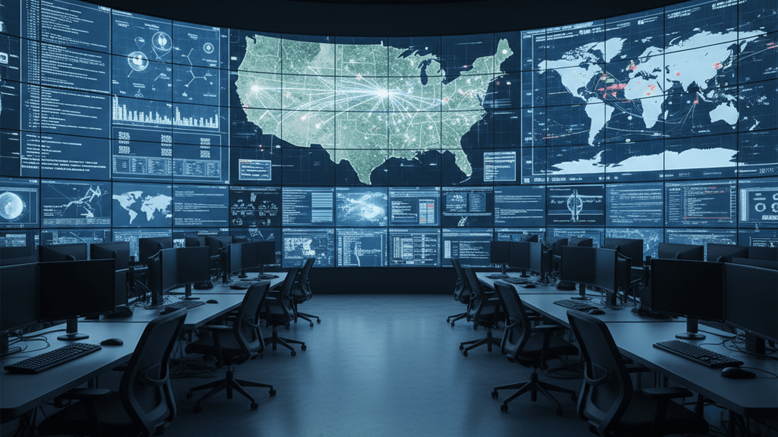 A high-tech government monitoring room with glowing screens displaying national maps and maritime data overlays.