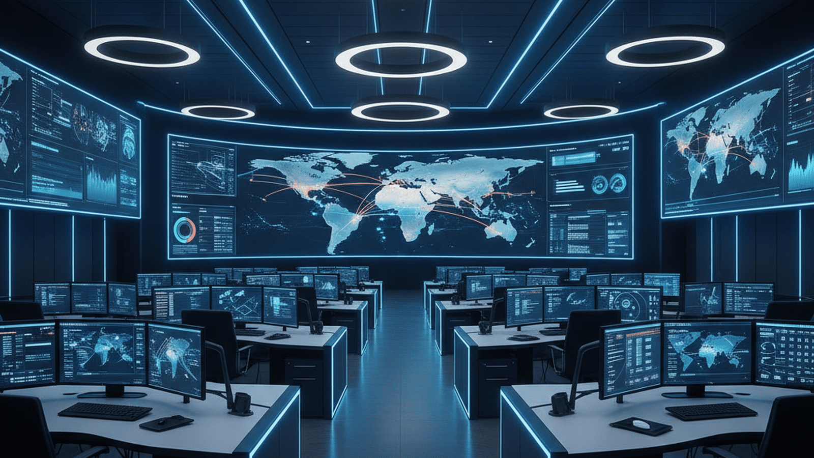 A high-tech command center with large screens displaying global data and transit maps.
