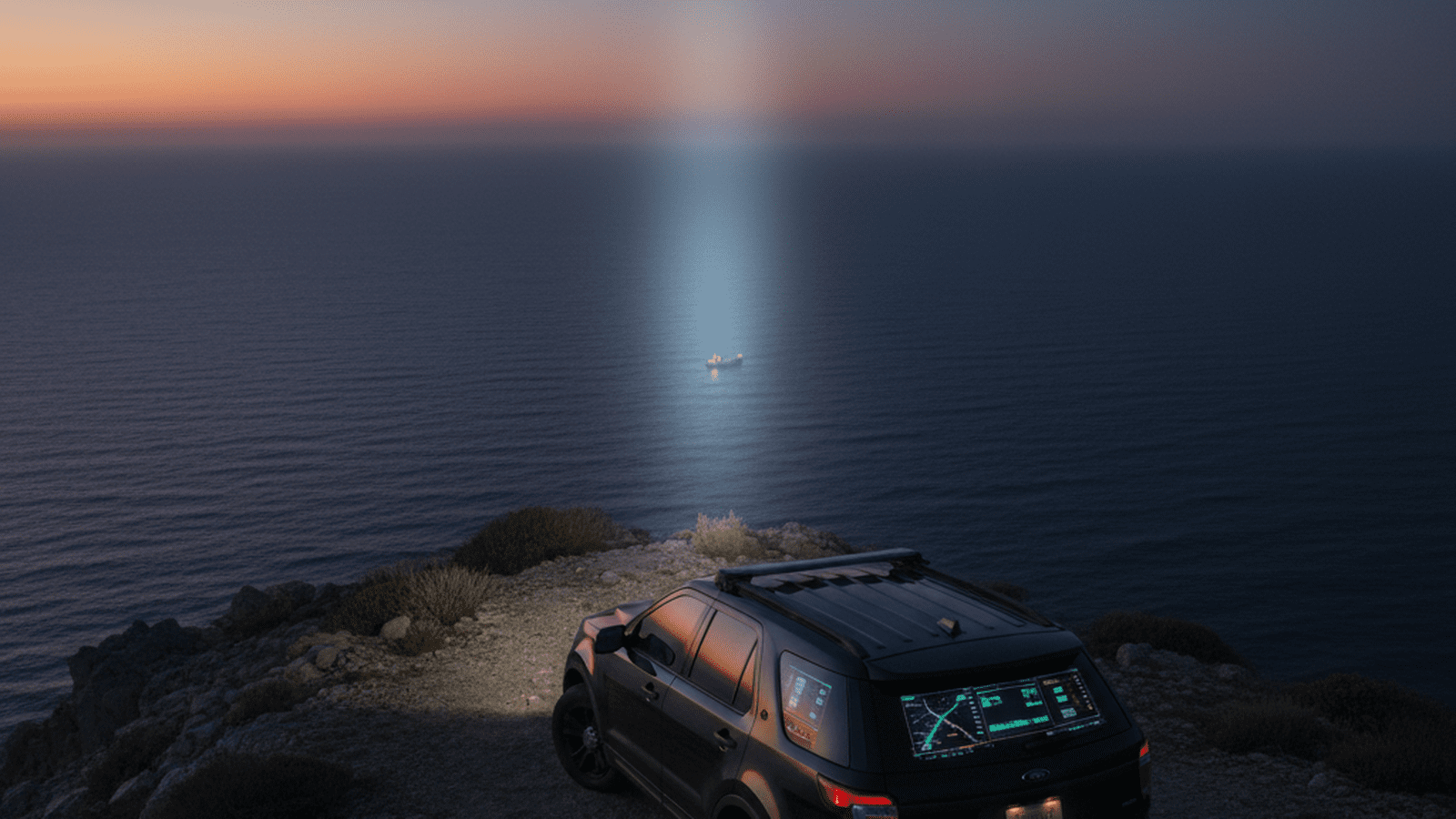 A Border Patrol vehicle monitors a dark coastline where a small boat is being tracked by a spotlight.
