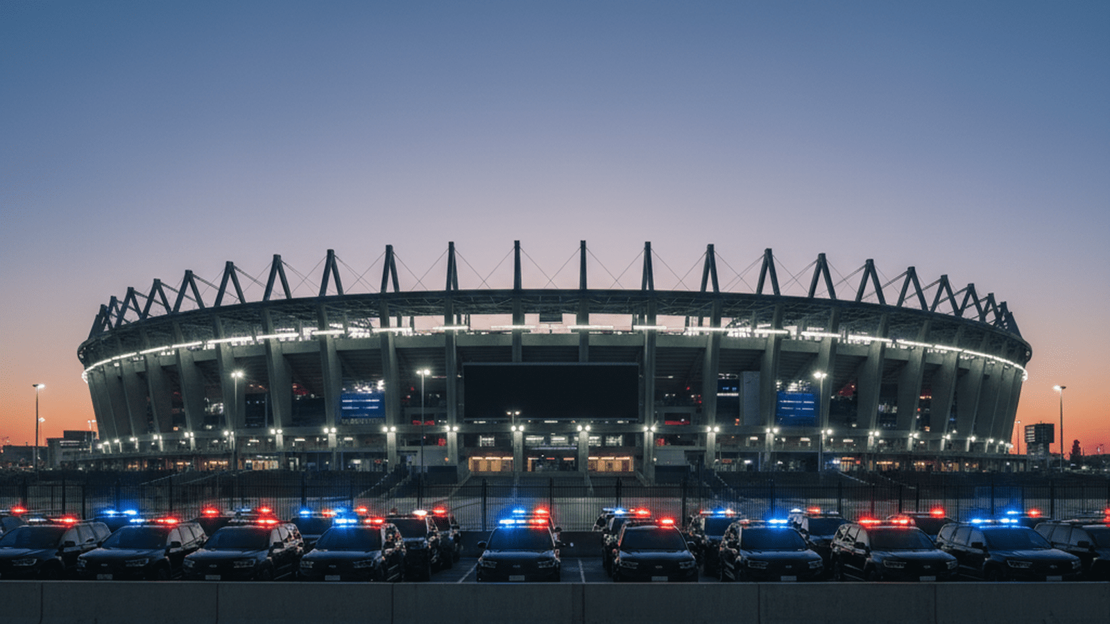A high-security perimeter surrounds a large stadium under a darkening sky.