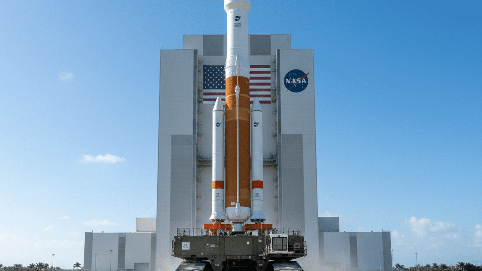 The Artemis II rocket rolls back to the hangar for repairs at the Kennedy Space Center.