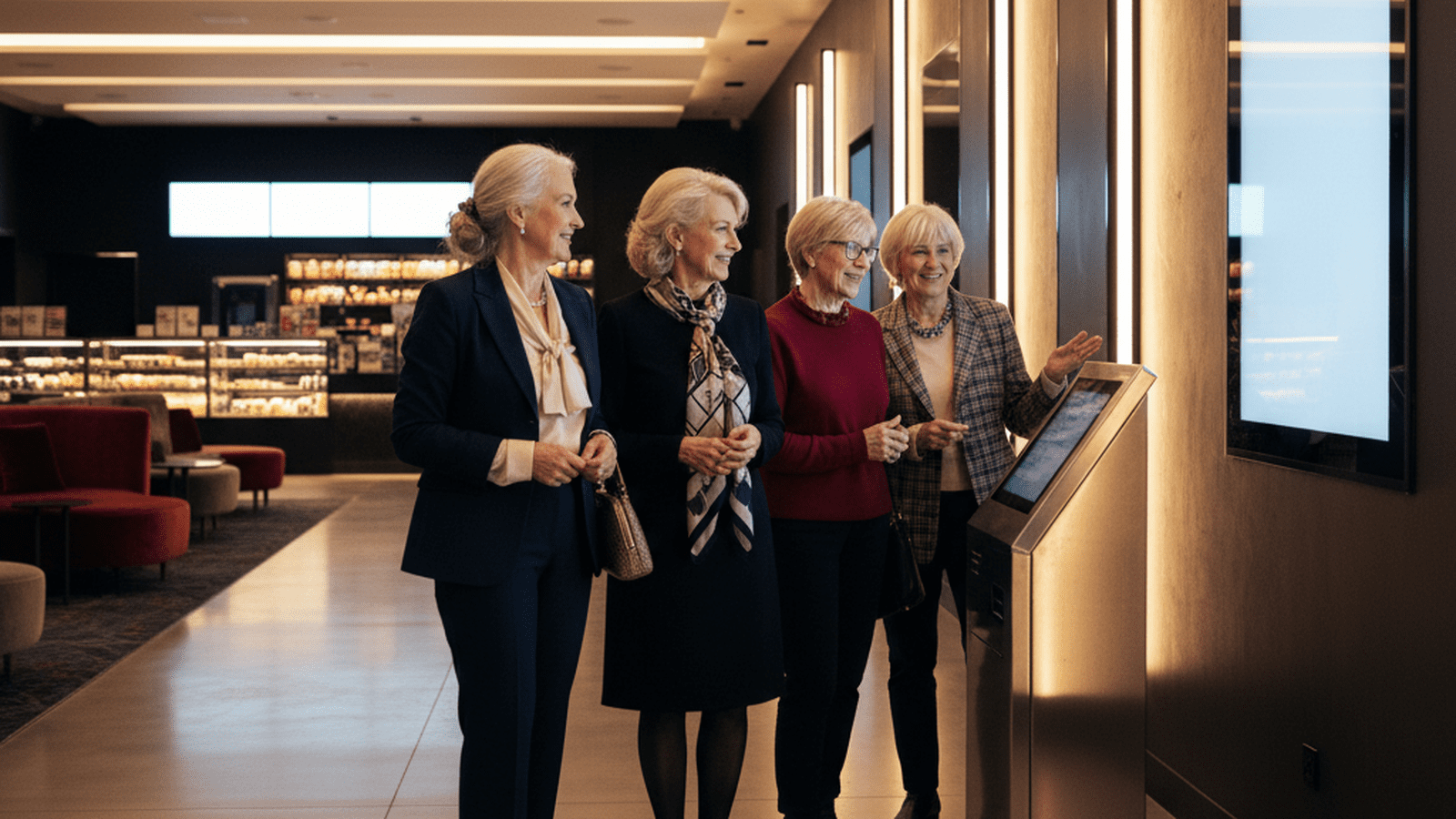 A clean and orderly modern cinema lobby featuring promotional displays for a new documentary film.