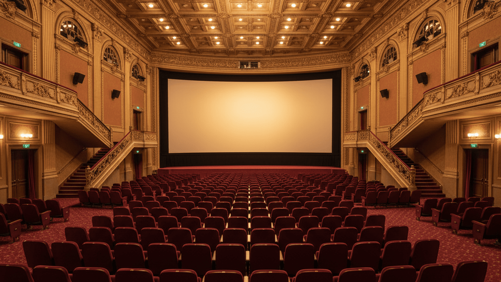 A wide shot of a large, empty movie theater with rows of red velvet seats and a glowing screen.