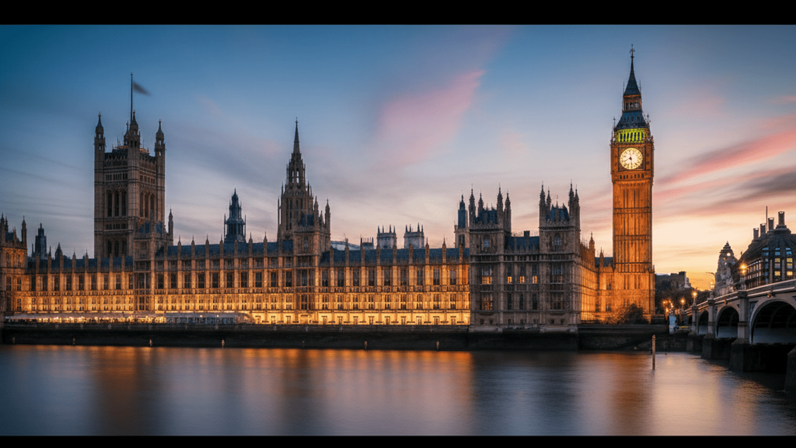 The Palace of Westminster stands prominently against a dark evening sky, reflected in the calm waters of the River Thames.