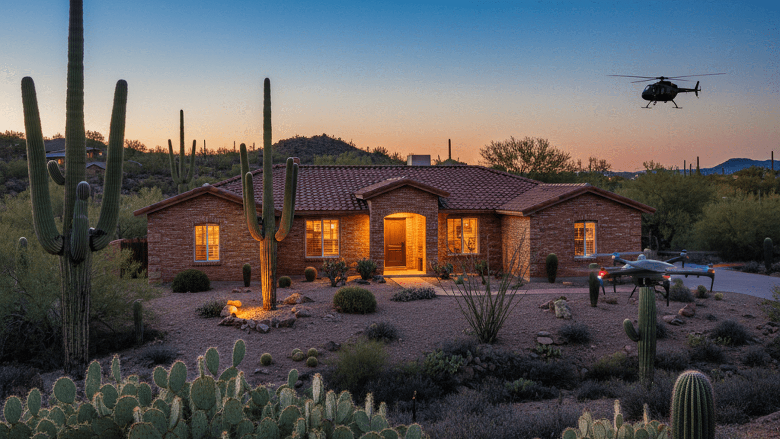 A brick home in the Arizona desert surrounded by cacti under the watchful eye of law enforcement technology.