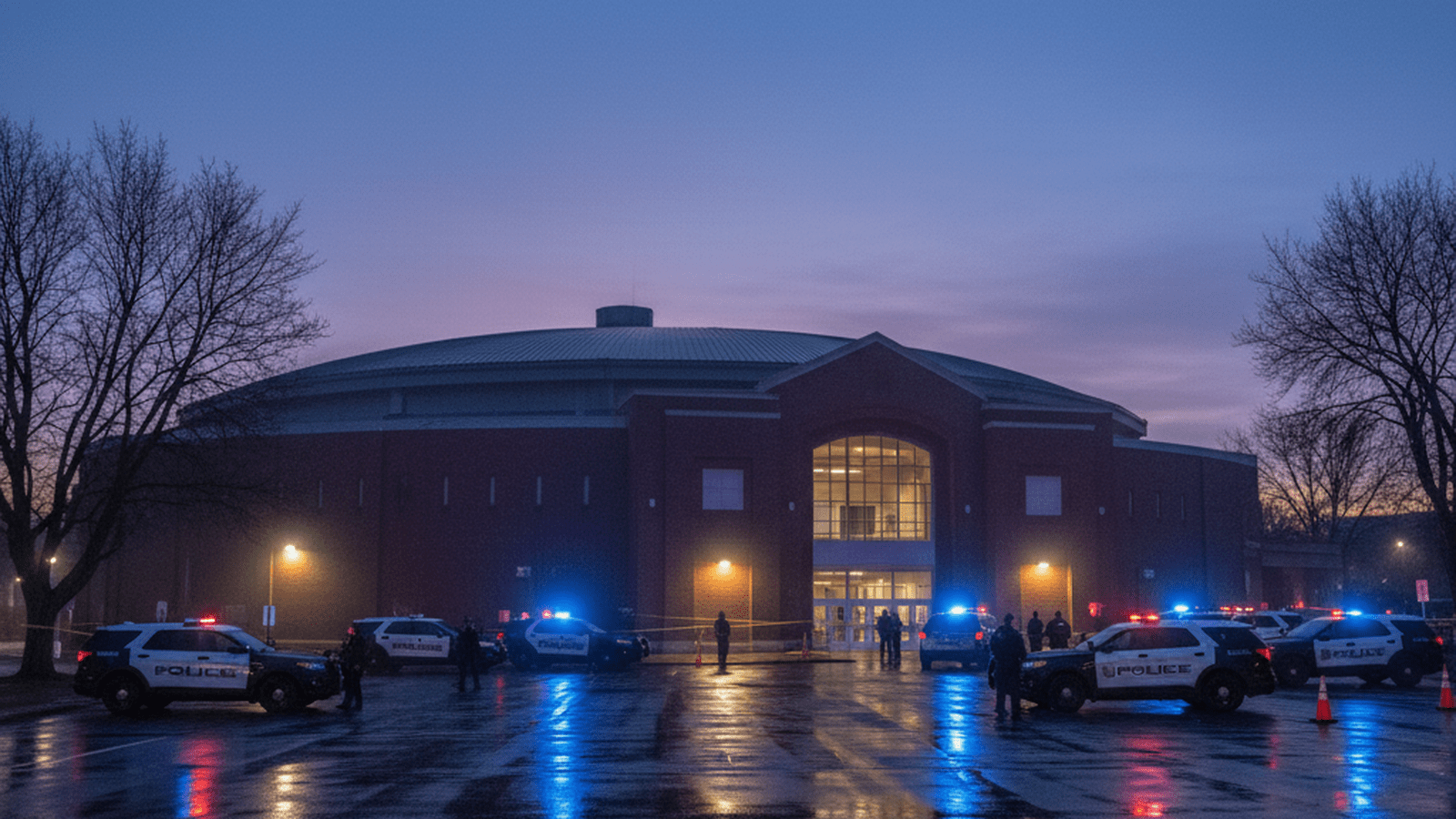 Police vehicles with flashing lights are parked outside the Dennis M. Lynch Arena in Pawtucket, Rhode Island.