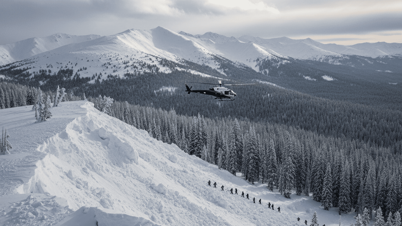 A snow-covered mountain trailhead in the Sierra Nevada with a search and rescue helicopter flying in the distance.