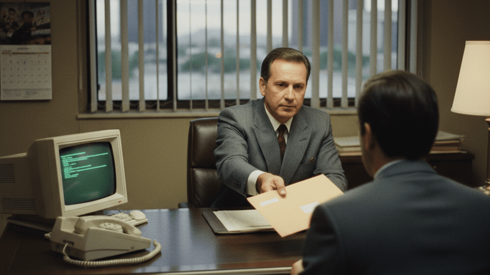 A 1991 office scene depicting a transaction between two men in professional attire.
