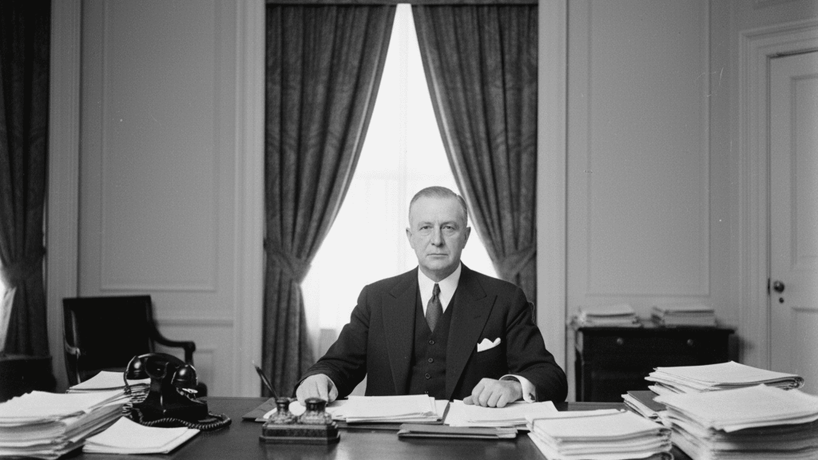 Attorney General Frank Murphy sits at his desk in the Department of Justice in 1939.
