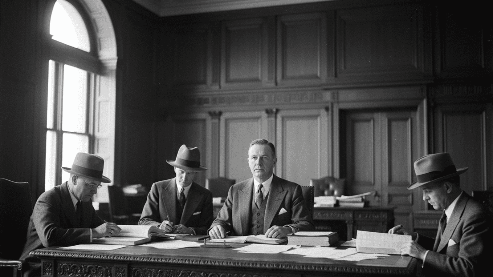 A monochrome 1939 photograph of Governor Ralph Carr and investigators reviewing financial ledgers in a wood-paneled office at the Colorado State Capitol.