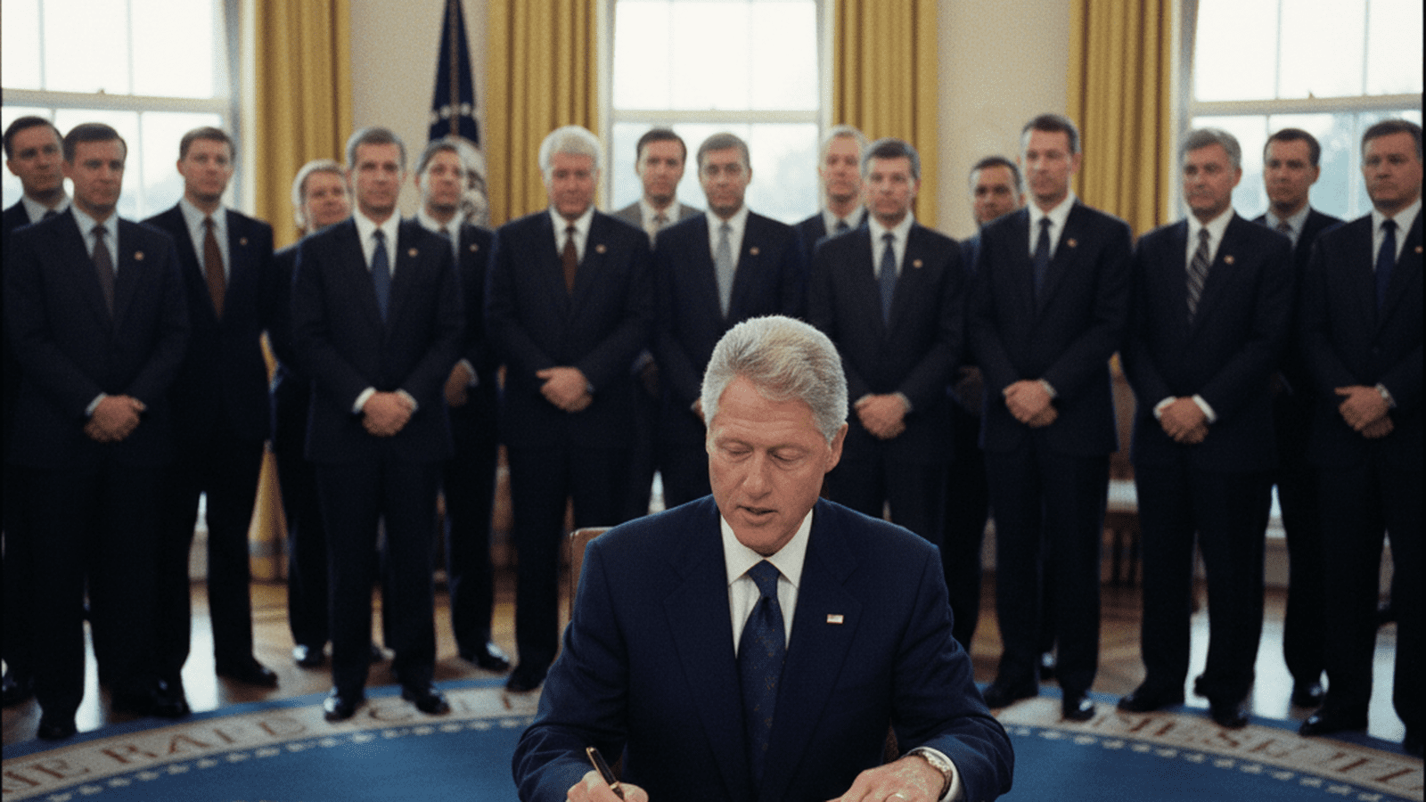 President Bill Clinton prepares to sign legislation at the Resolute Desk in the Oval Office during the mid-1990s.