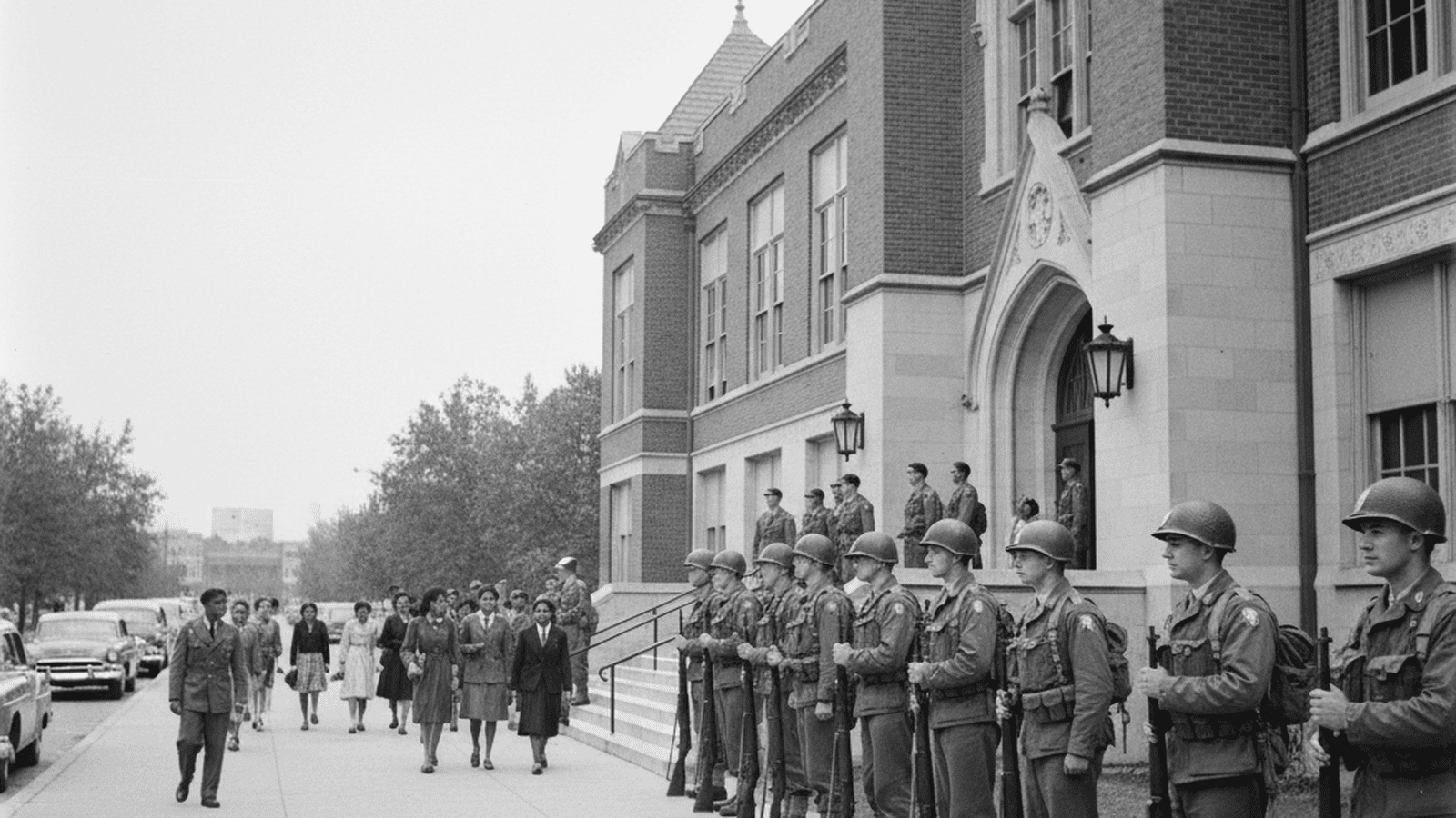 Soldiers from the 101st Airborne Division stand guard outside Little Rock Central High School in 1957.