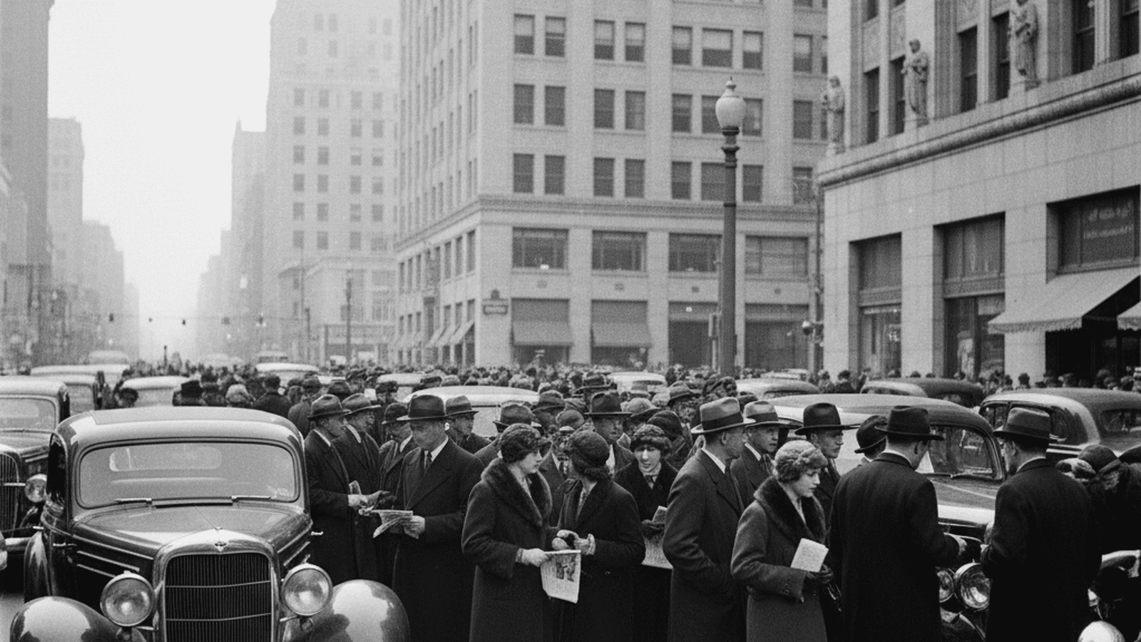 A black-and-white 1938 street scene in Los Angeles showing citizens in period-accurate clothing near Art Deco buildings.