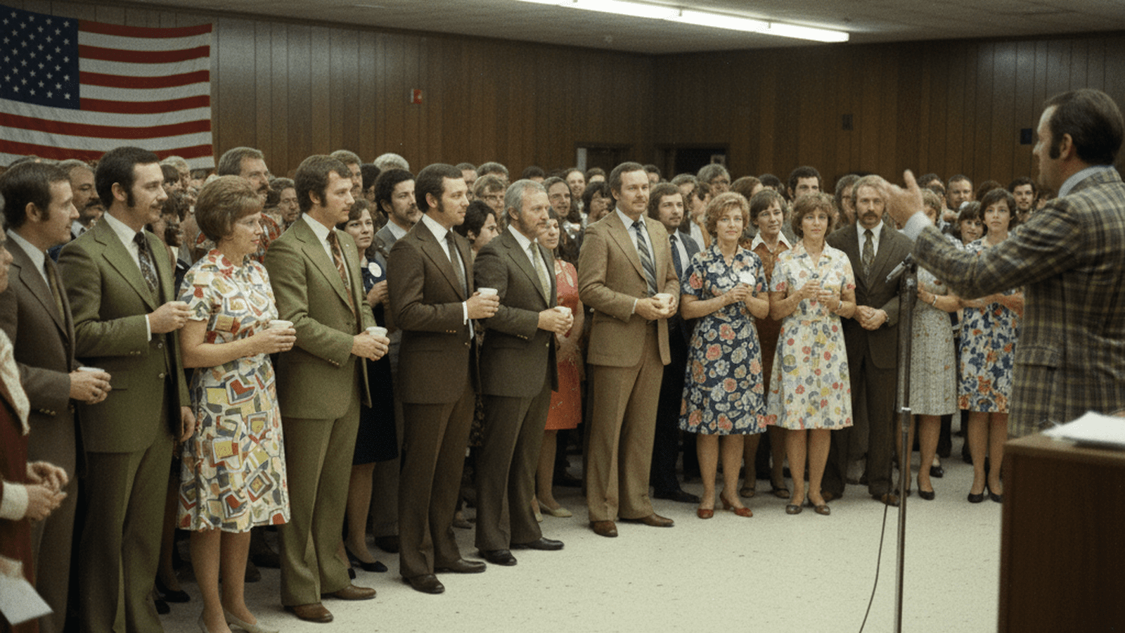 A crowded political rally in a 1970s Minnesota gymnasium with attendees in period-accurate clothing.
