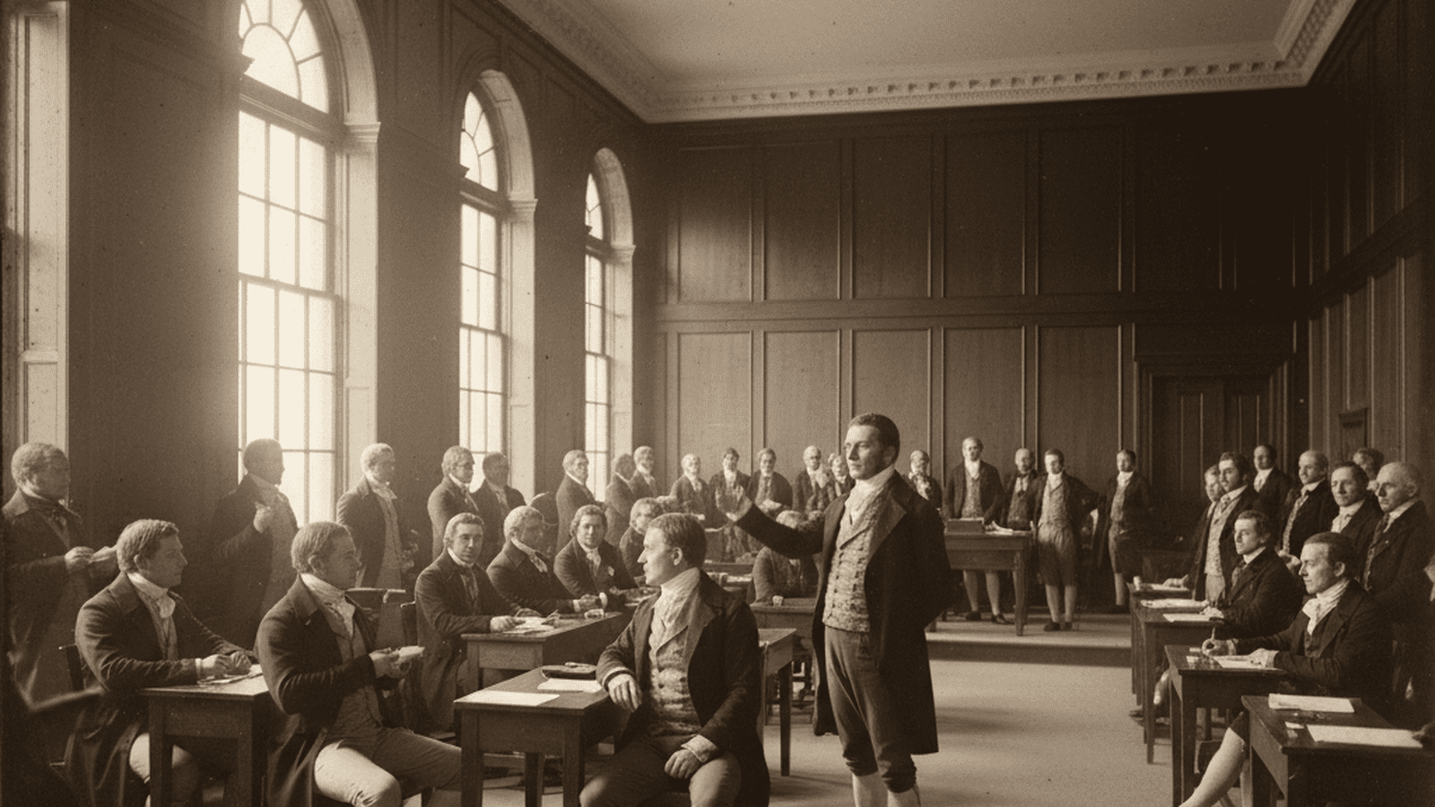 A historical reconstruction of the 1821 New York Constitutional Convention showing delegates in period-accurate clothing debating in a wood-paneled hall.