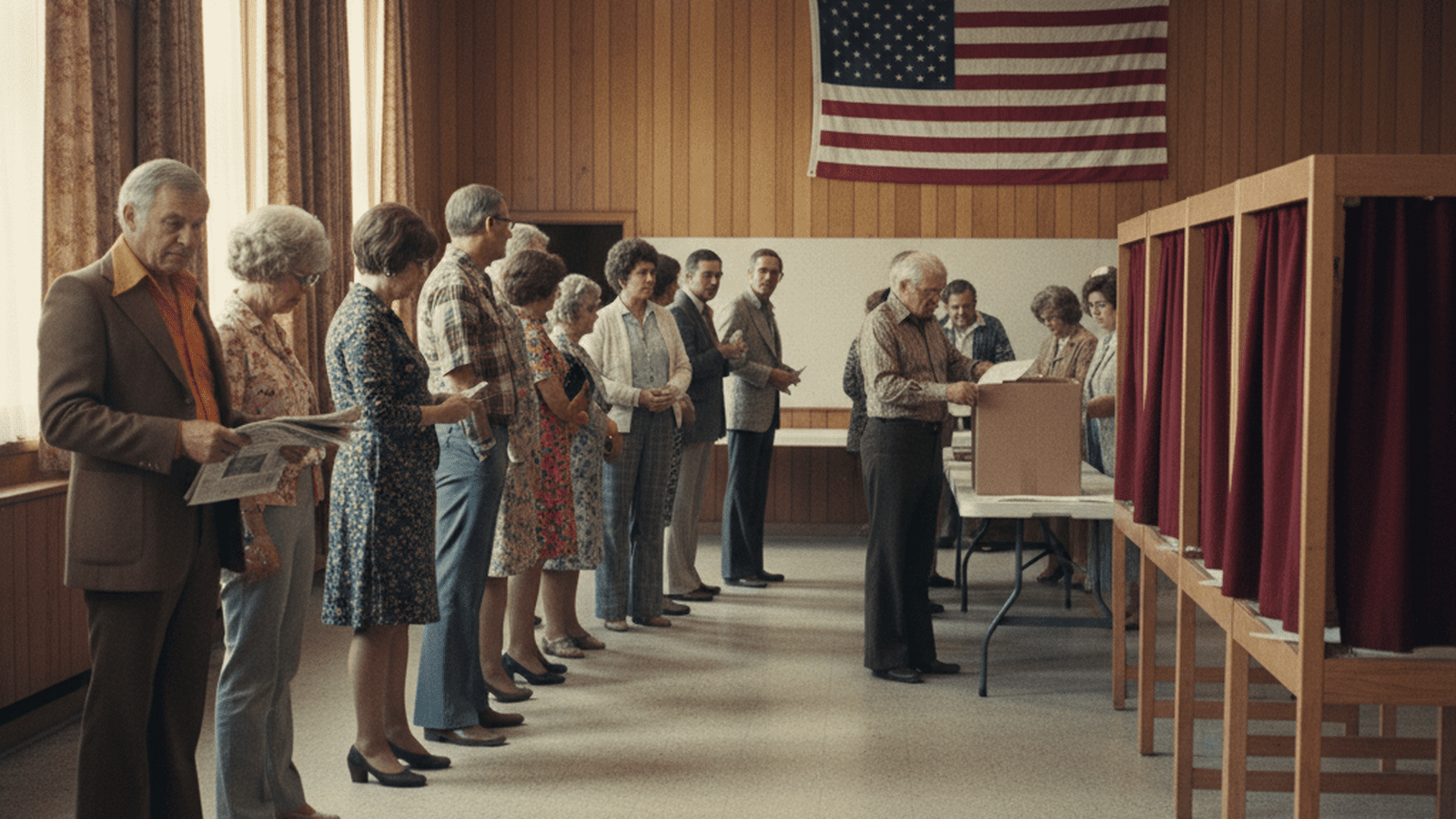 Voters in 1970s clothing wait in line at a polling station with wooden voting booths.