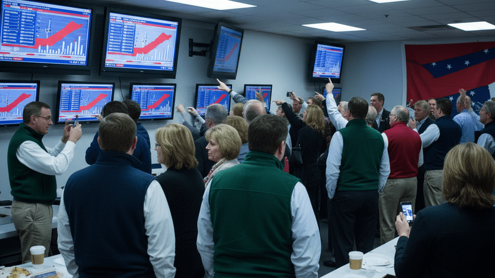 A group of people in 2010 business casual attire watch election results on flat-screen monitors in a brightly lit office.