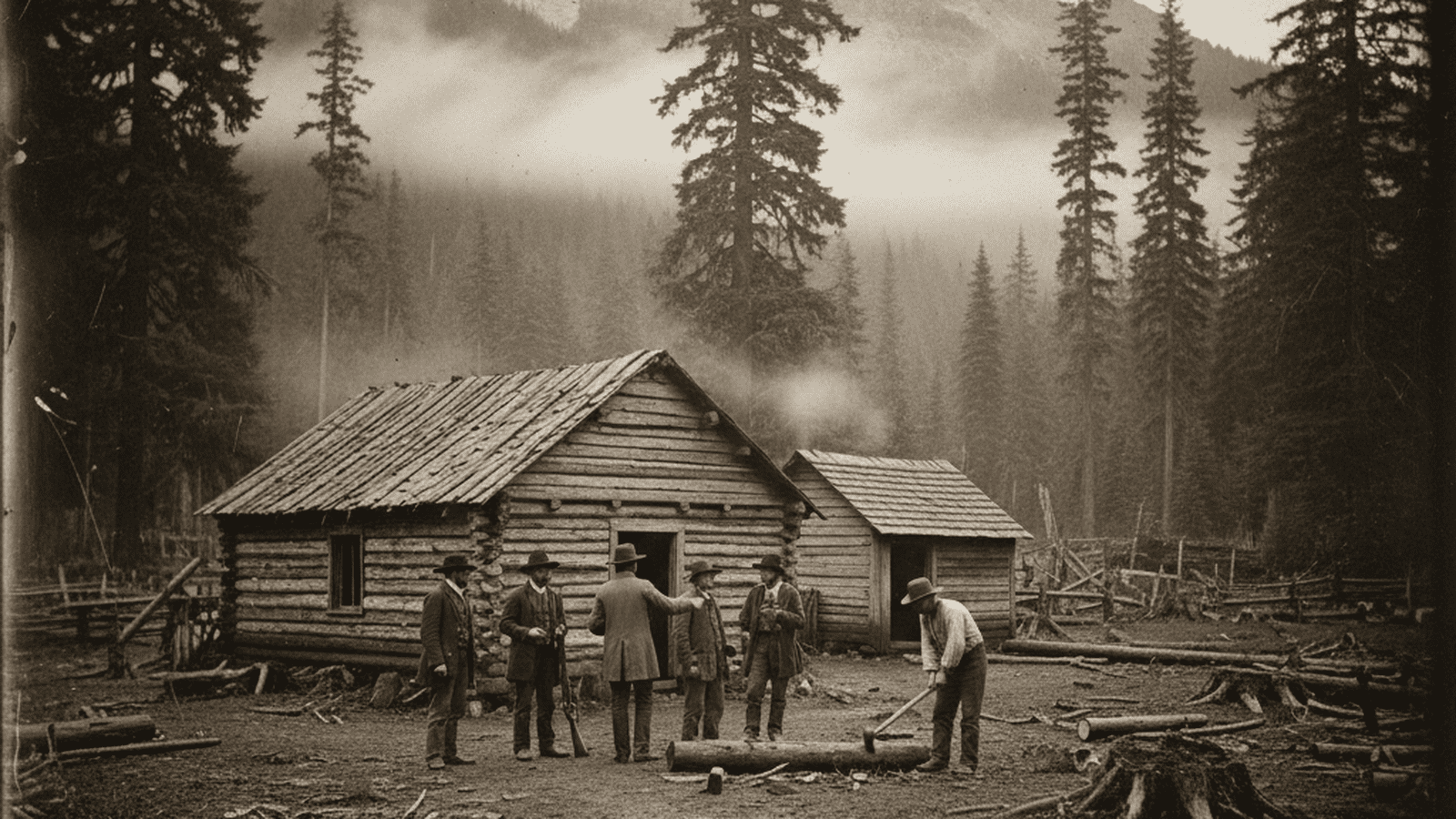 A sepia-toned 1840s scene of settlers in the Oregon Territory standing near a log cabin in a forest clearing.