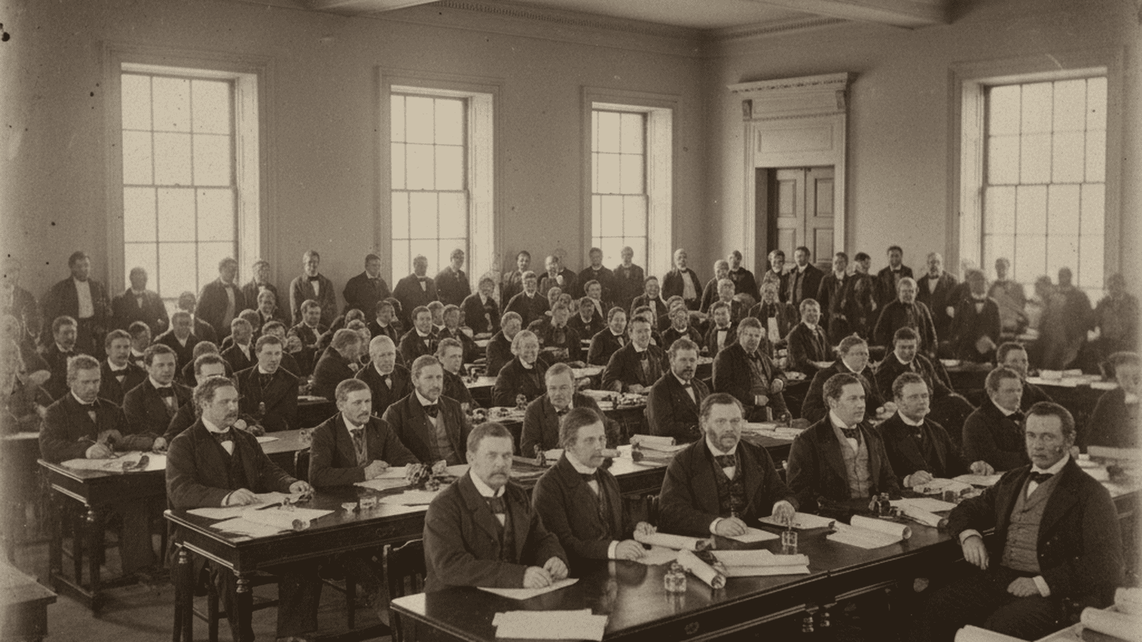 A crowded 1838 legislative hall in Philadelphia where delegates are debating the new Pennsylvania constitution.