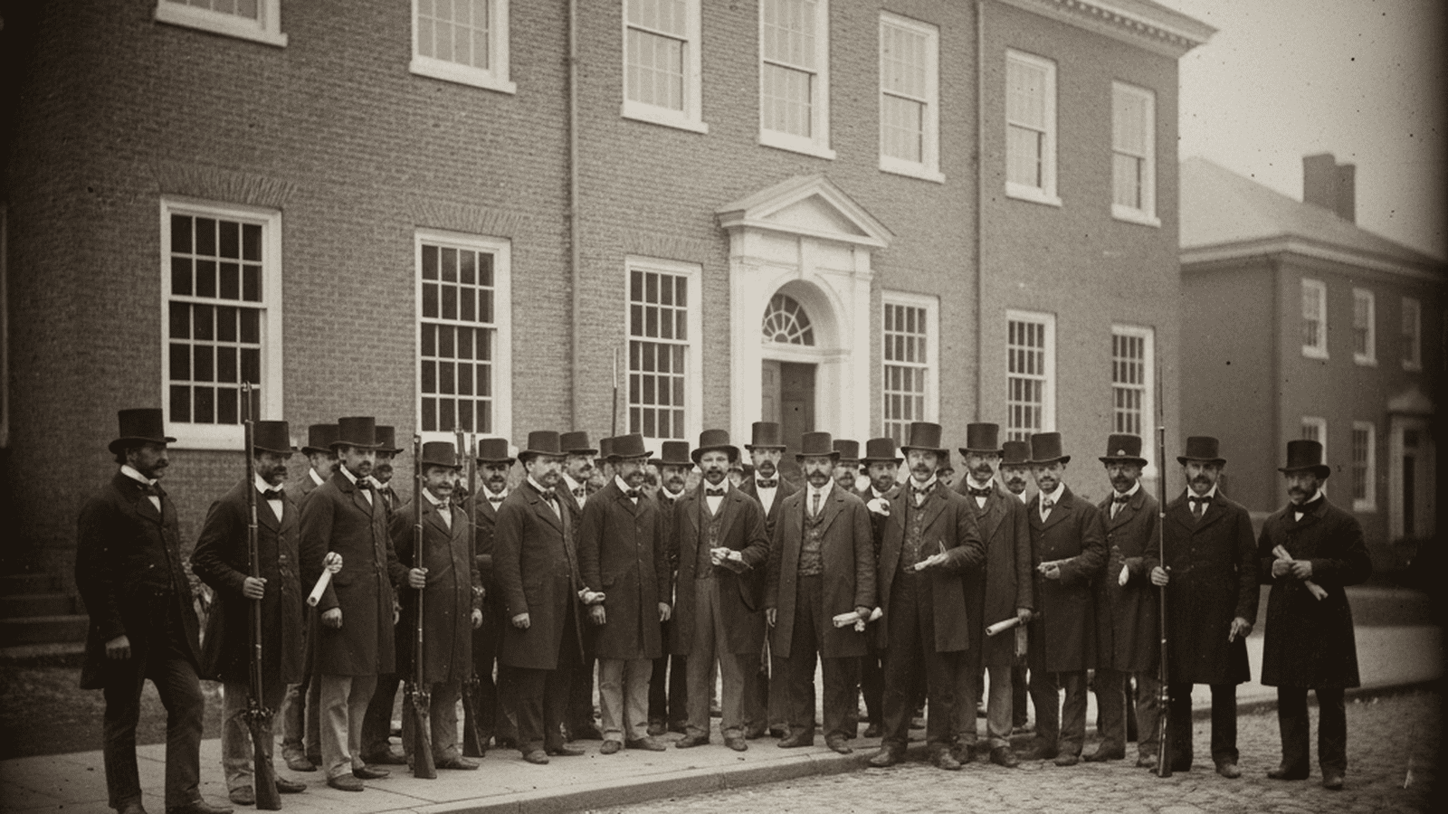 A group of men in 1840s clothing gather outside a brick building during the Dorr Rebellion in Rhode Island.