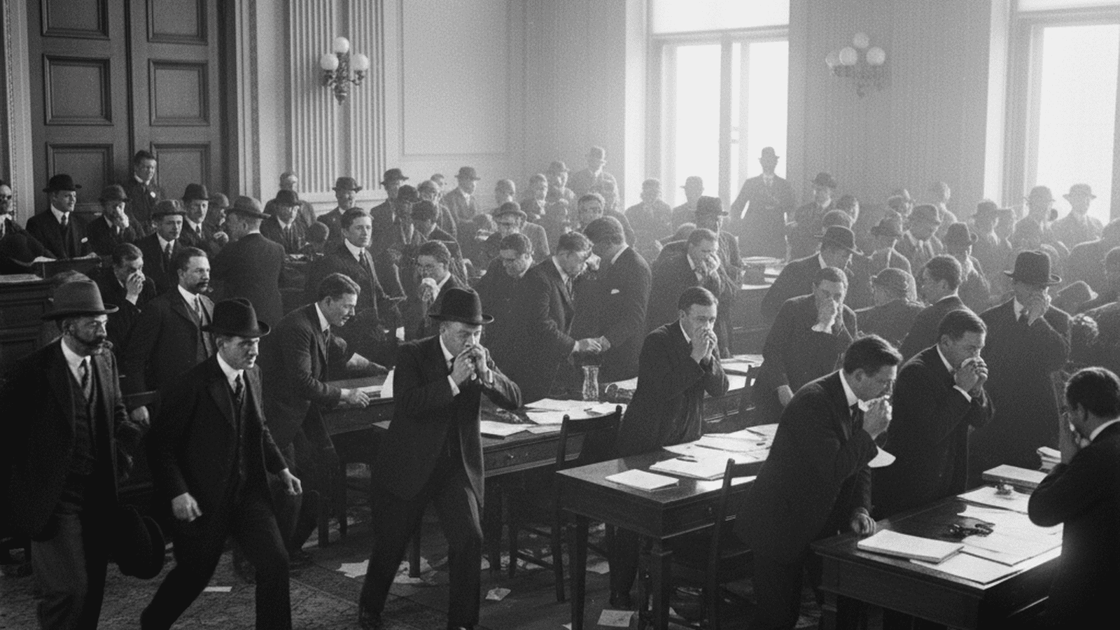 A black and white 1920s scene of politicians in suits hurriedly exiting a smoke-filled legislative chamber.