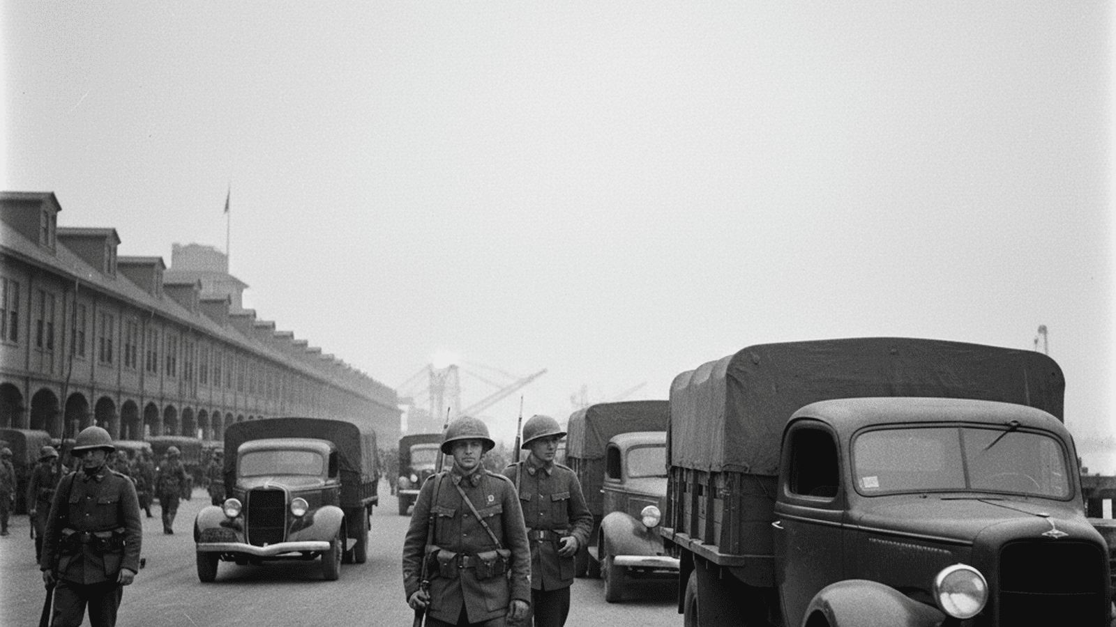 National Guard soldiers stand guard at the San Francisco waterfront during the 1934 general strike.