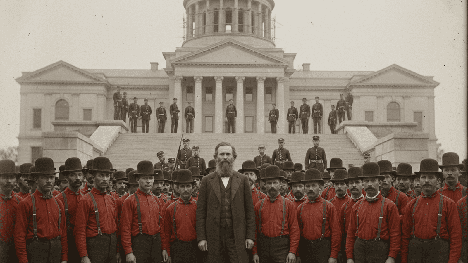 A historical scene of the South Carolina State House in 1876 with rival political factions and federal troops present.