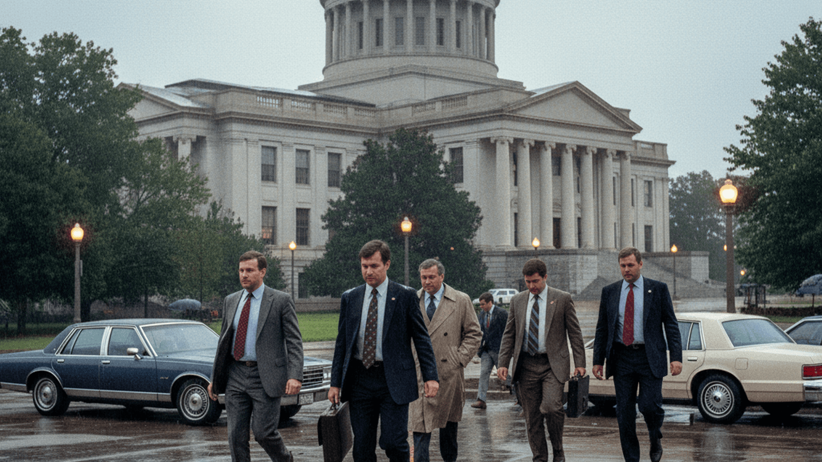 The Tennessee State Capitol in 1989 with period-accurate cars and pedestrians in 1980s business attire.