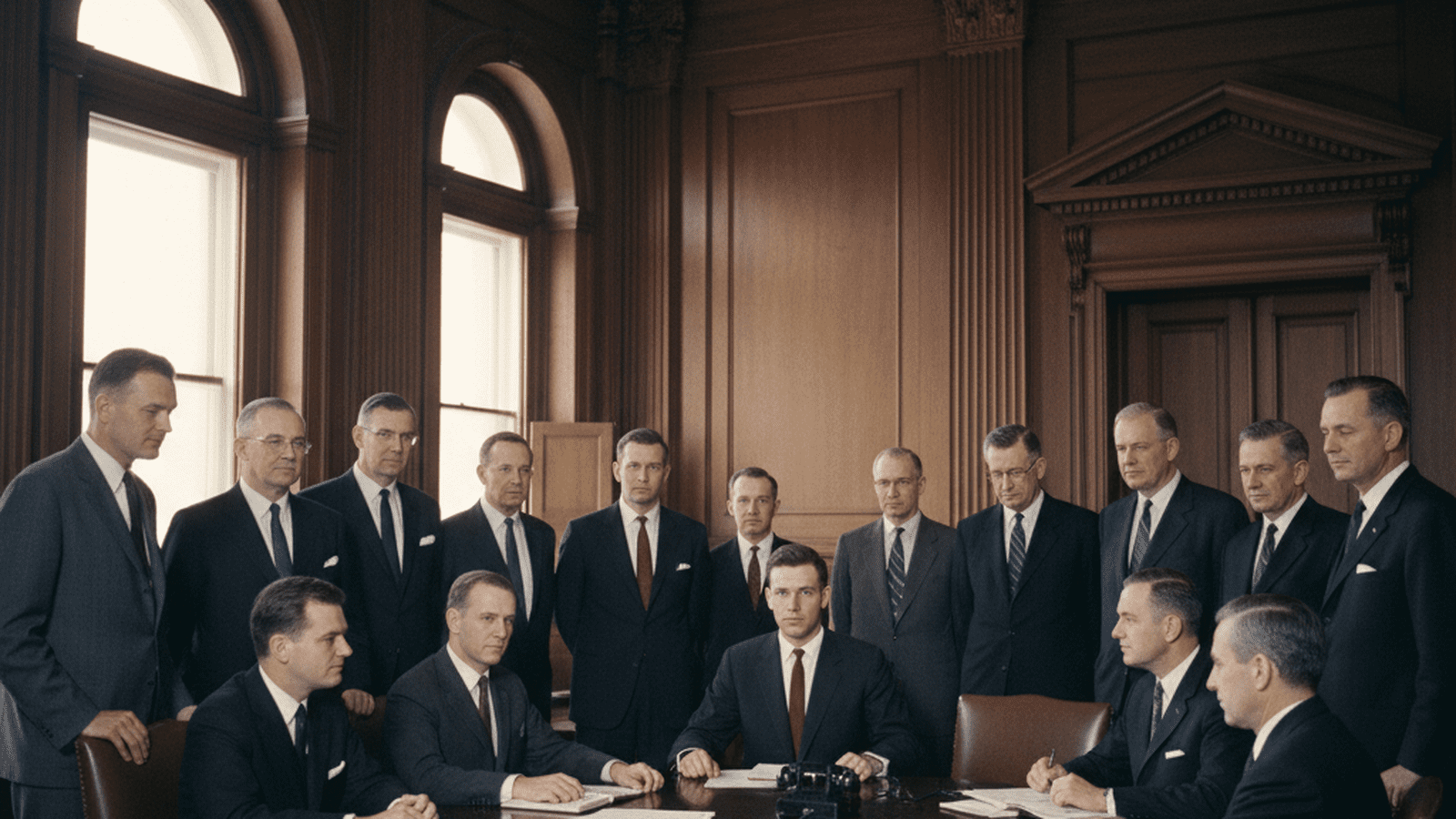 A group of legislators in 1960s attire conferring inside the Vermont State House with Philip Hoff.