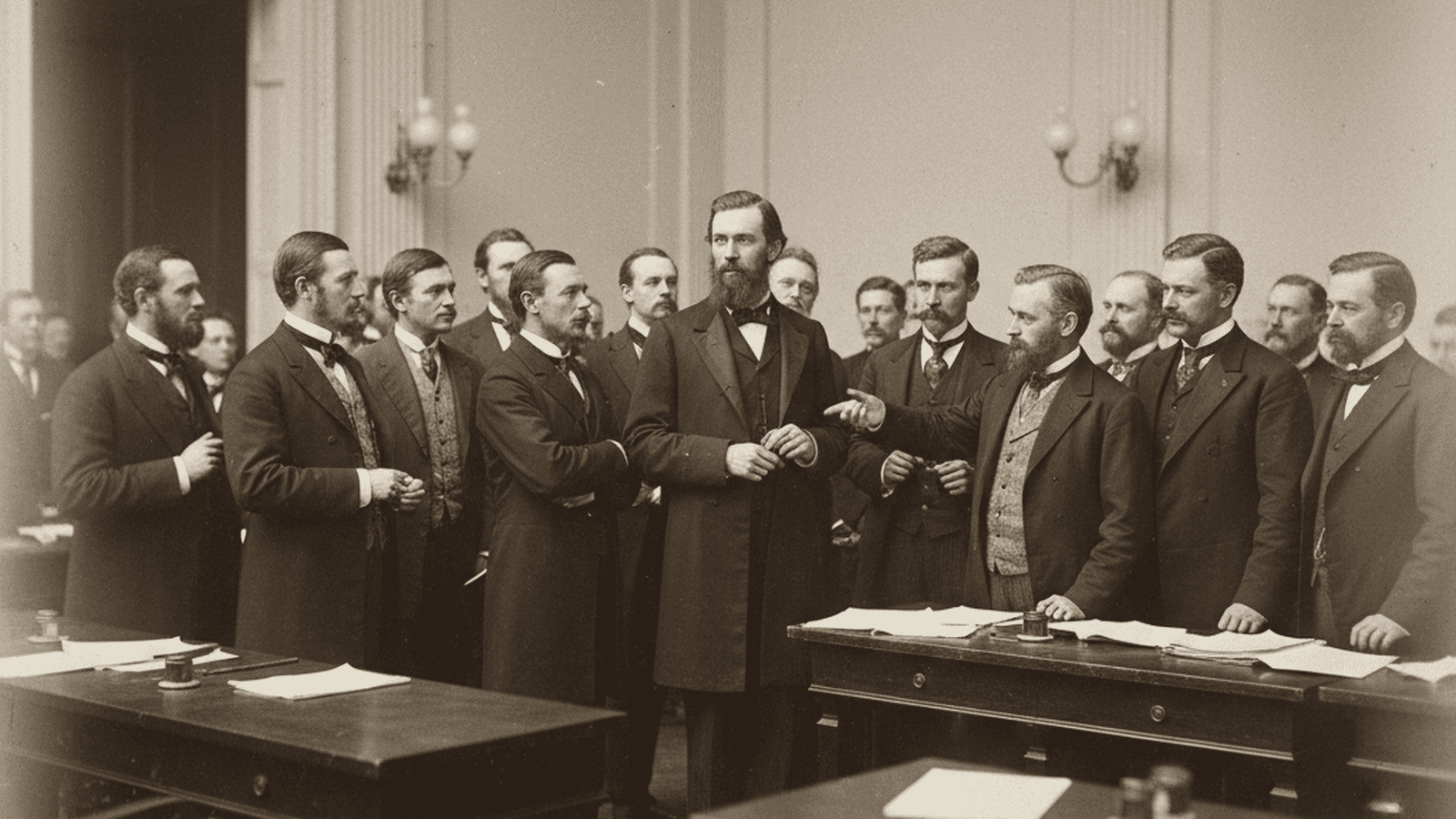 A monochrome 1879 photograph of the Virginia State Capitol interior showing William Mahone and other legislators in frock coats.