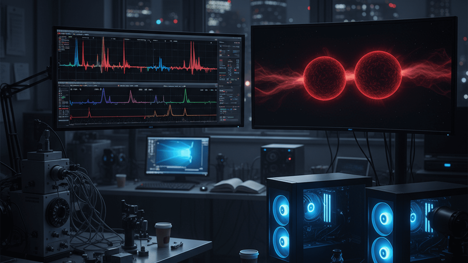 A high-tech university laboratory showing computer screens with astronomical data and a simulation of a binary brown dwarf system.