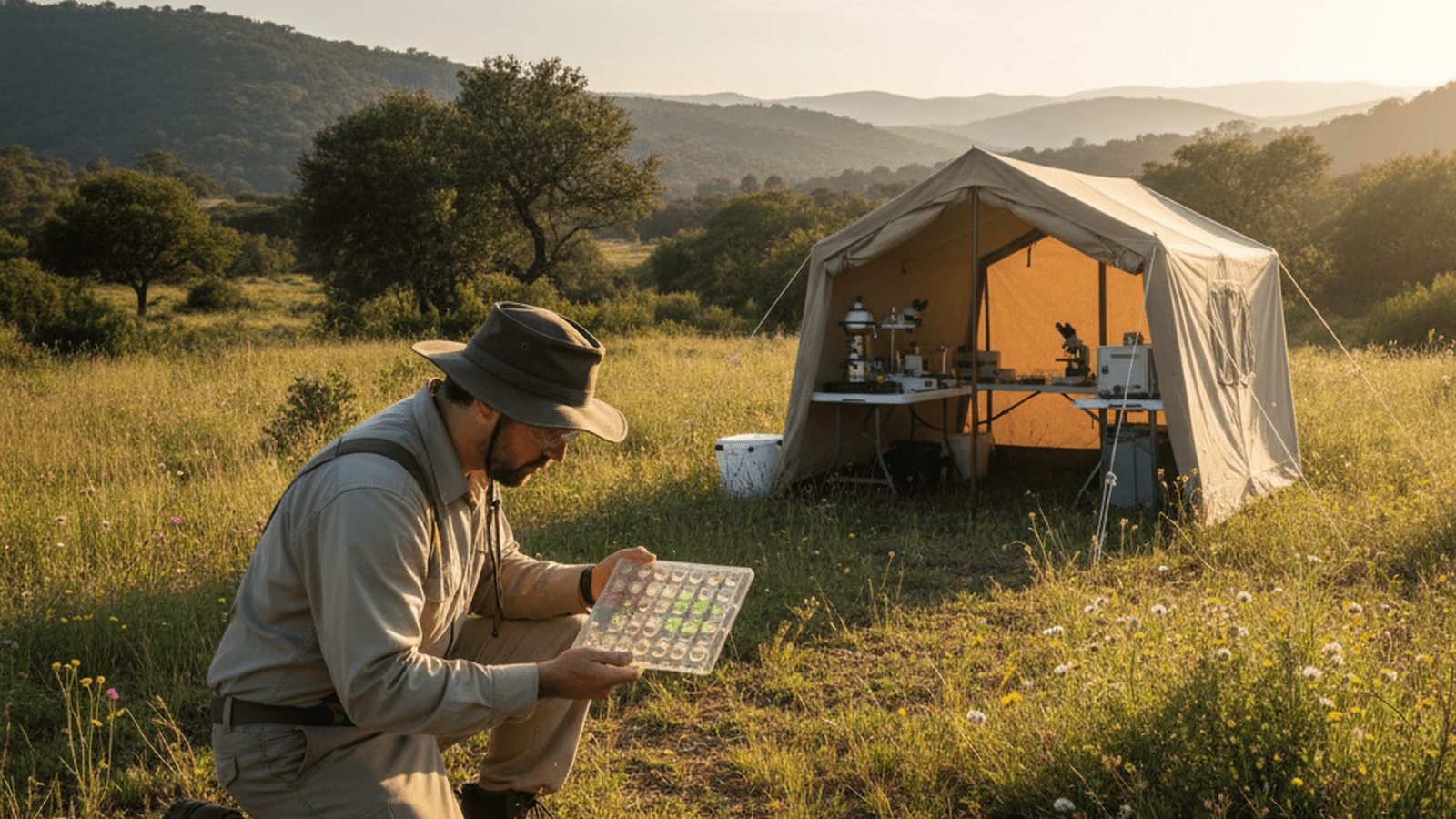 A scientist collects soil samples in a field using a specialized microbial isolation device.