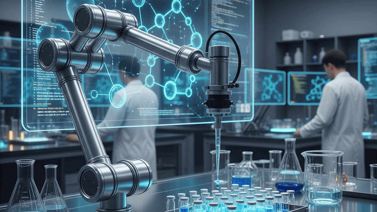 A robotic arm in a modern laboratory setting performs chemical experiments guided by an artificial intelligence system.