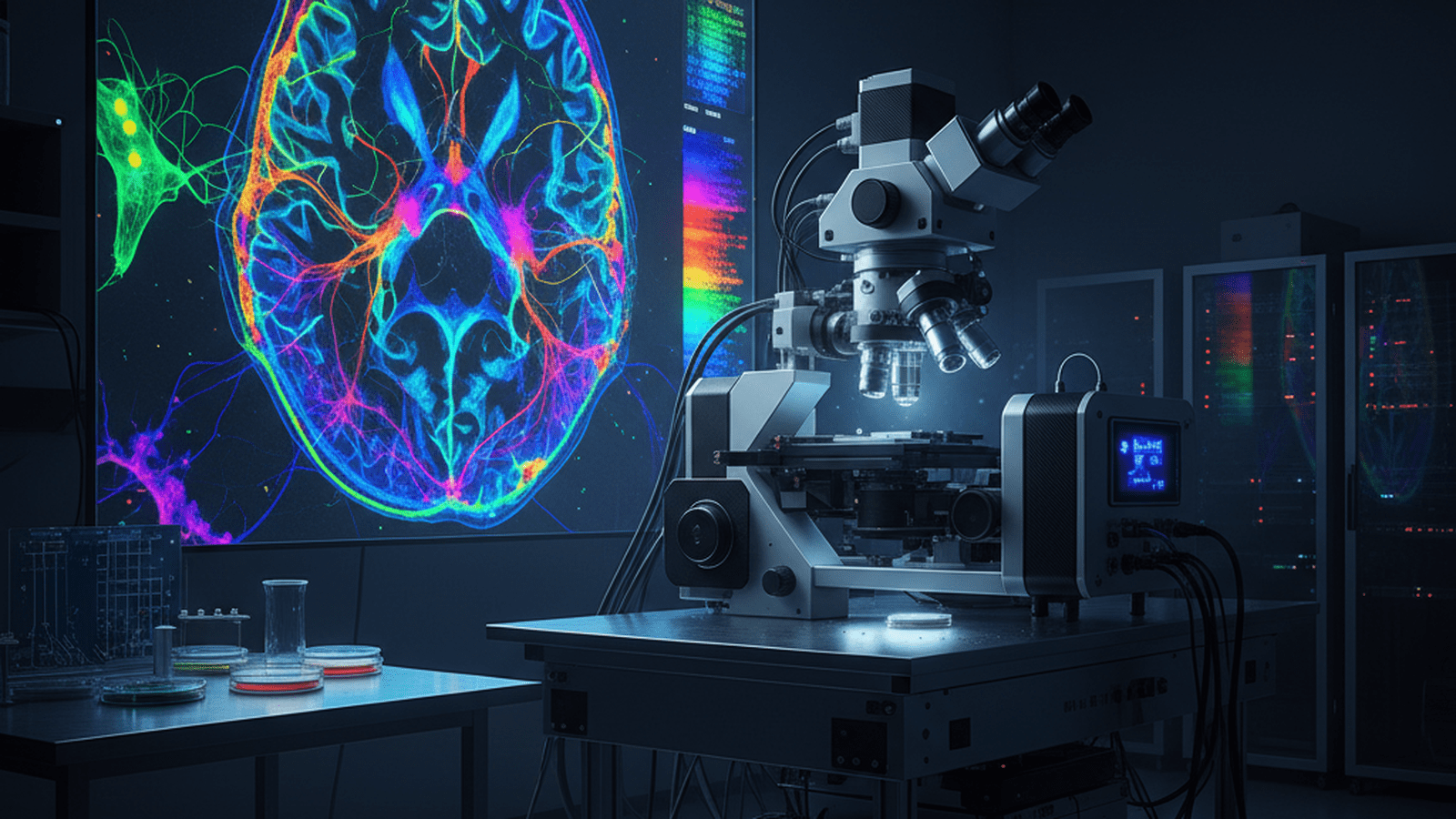 A sophisticated laboratory environment with advanced imaging equipment used for neurological research.