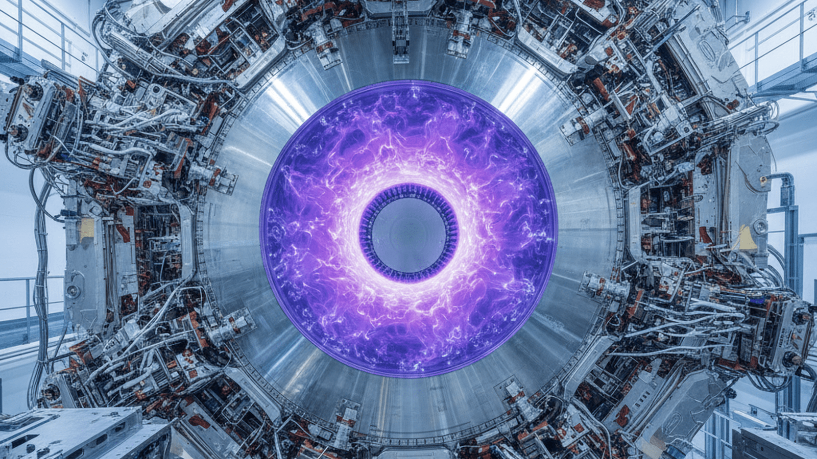 A glowing ring of plasma is confined within the metallic vacuum chamber of a tokamak fusion reactor.