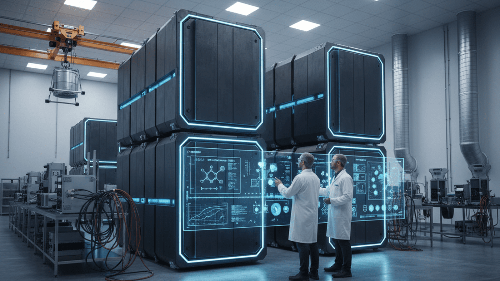 A large-scale industrial laboratory housing modular iron-air battery systems for grid-scale energy storage testing.
