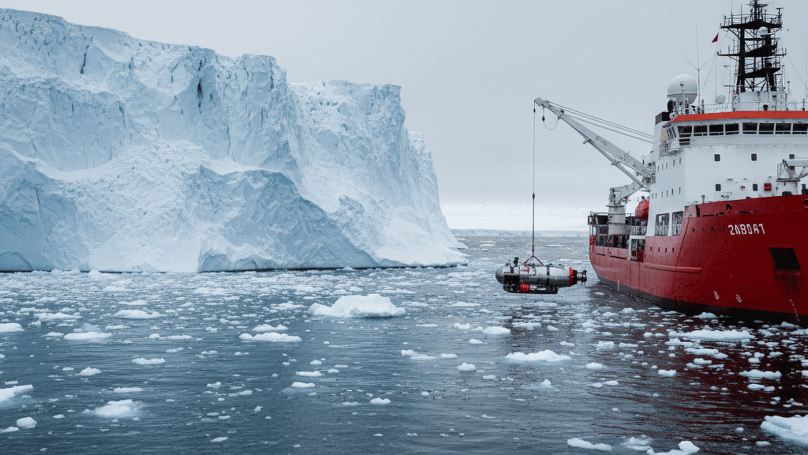 A research icebreaker deploys an underwater drone near a massive glacier in Northeast Greenland.