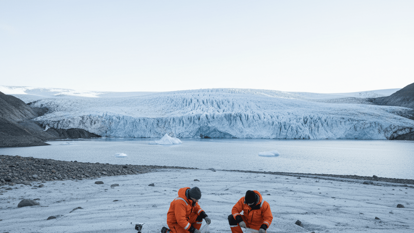 Scientists in arctic gear collect grey mineral silt from a glacial delta in a Greenland fjord.