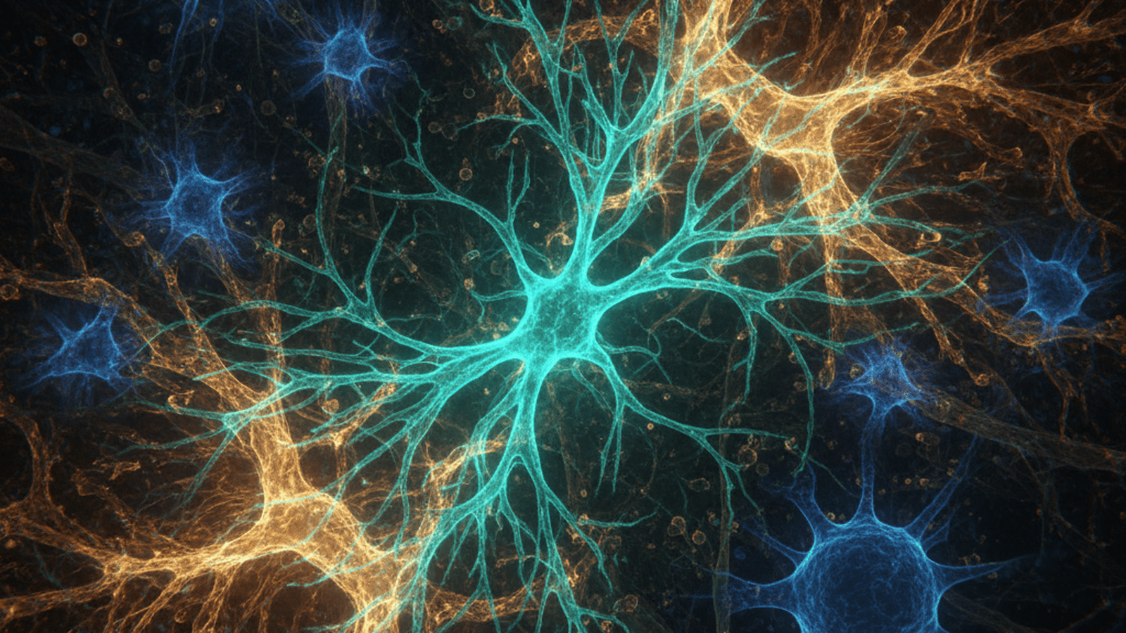 A microscopic visualization of a hybrid brain cell interacting with neurons and glial cells in a neural network.