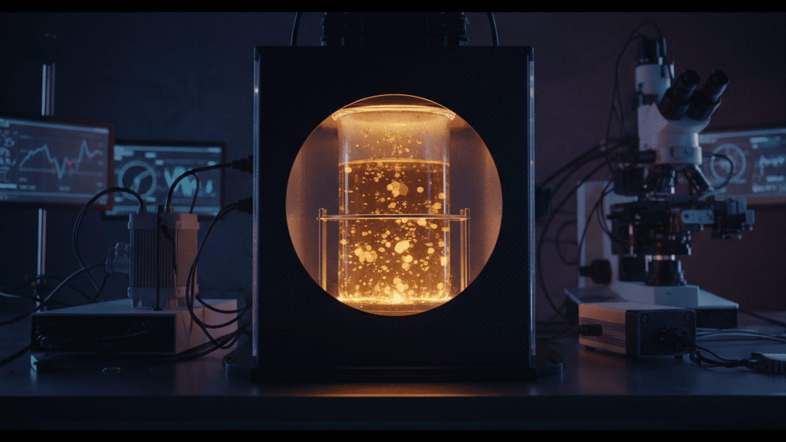 A laboratory beaker containing a dark solution with suspended shimmering golden particles.