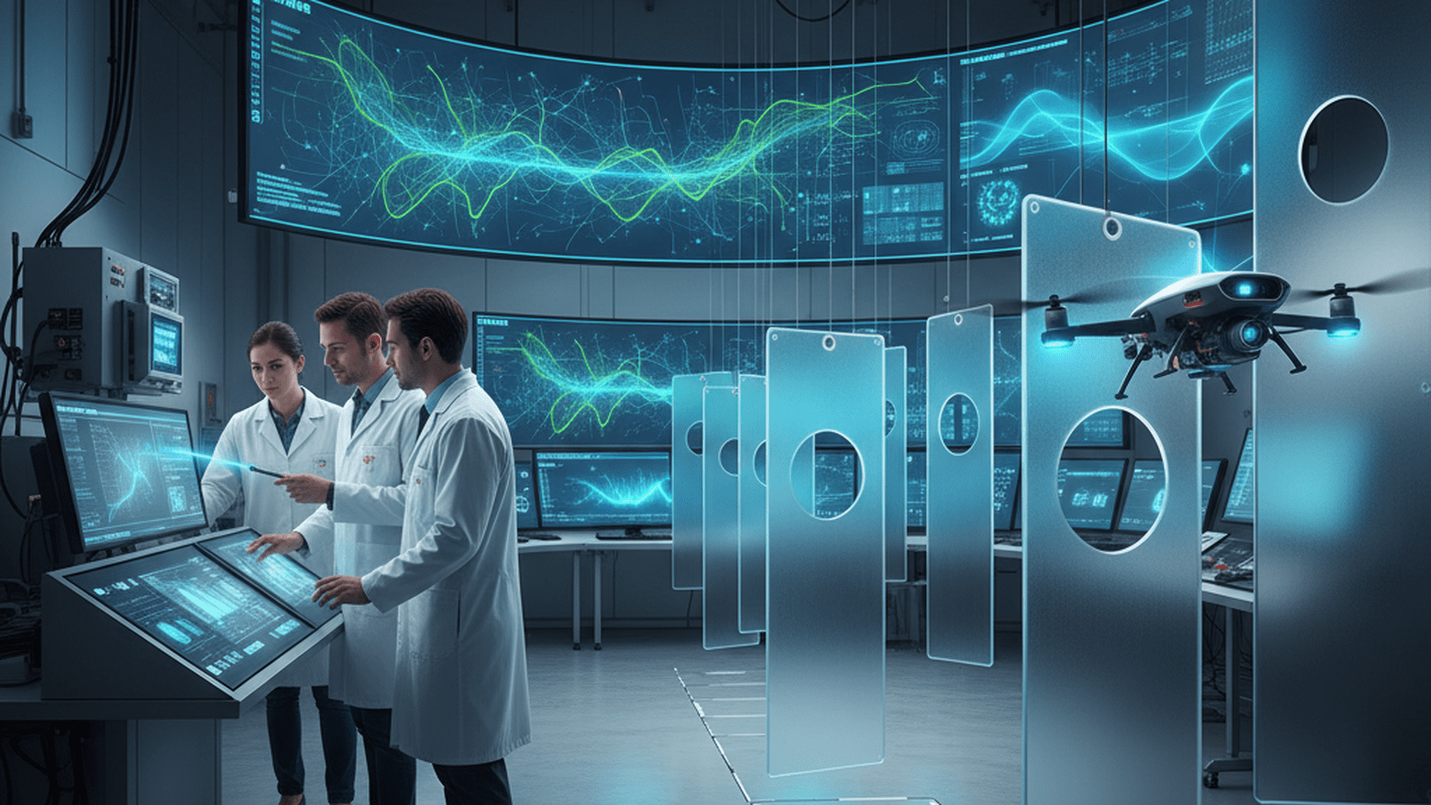 A small drone navigates an indoor obstacle course in a laboratory while researchers monitor data on large screens.