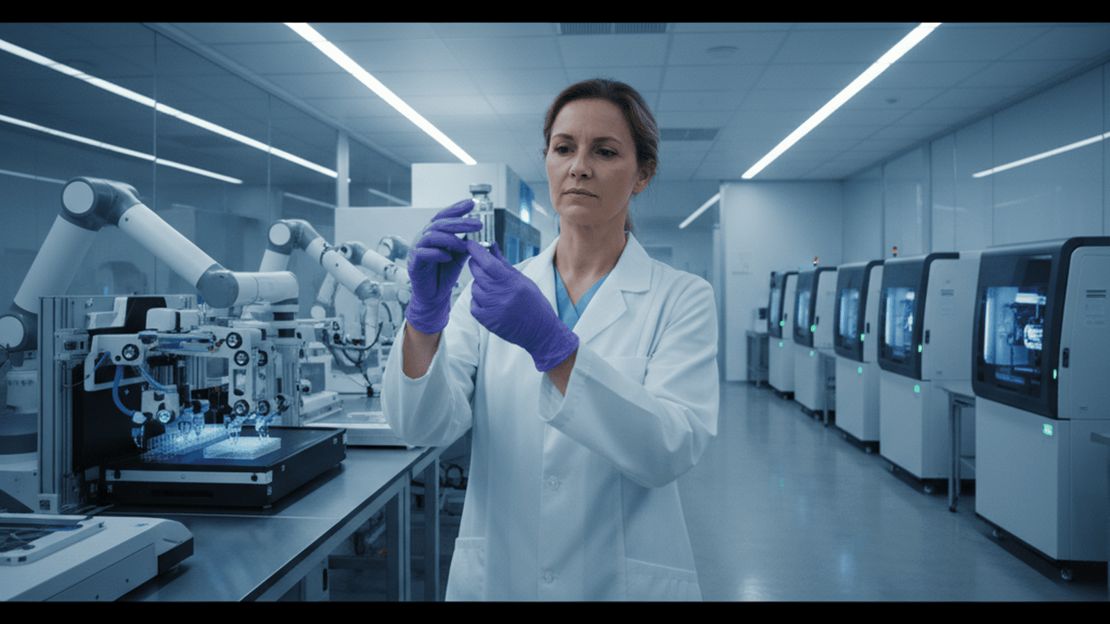 A scientist handles a vial in a modern biomedical laboratory equipped with advanced genetic sequencing technology.