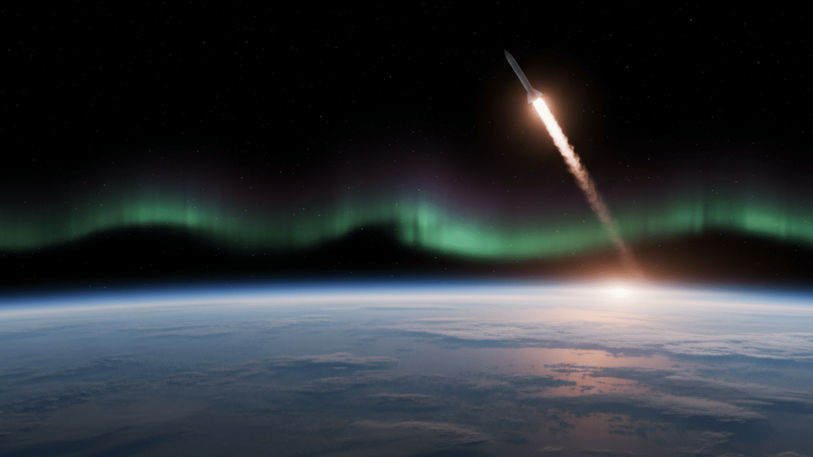 A suborbital rocket ascends through the upper atmosphere against the backdrop of the Earth's curvature and the blackness of space.