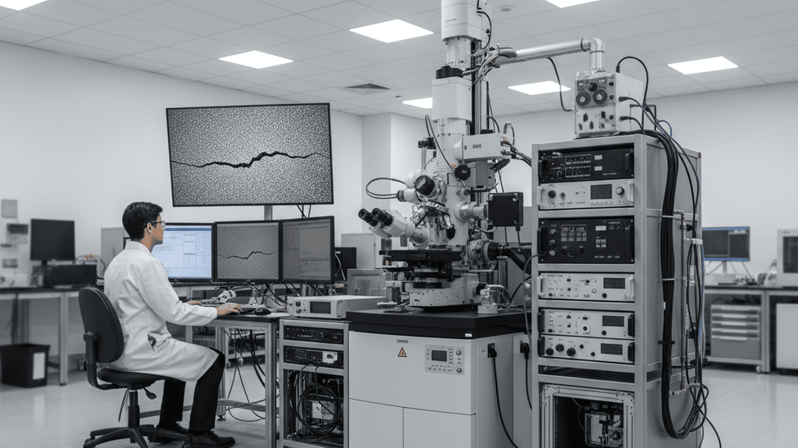 A scientist monitors a transmission electron microscope displaying a nanoscale view of metal fatigue.