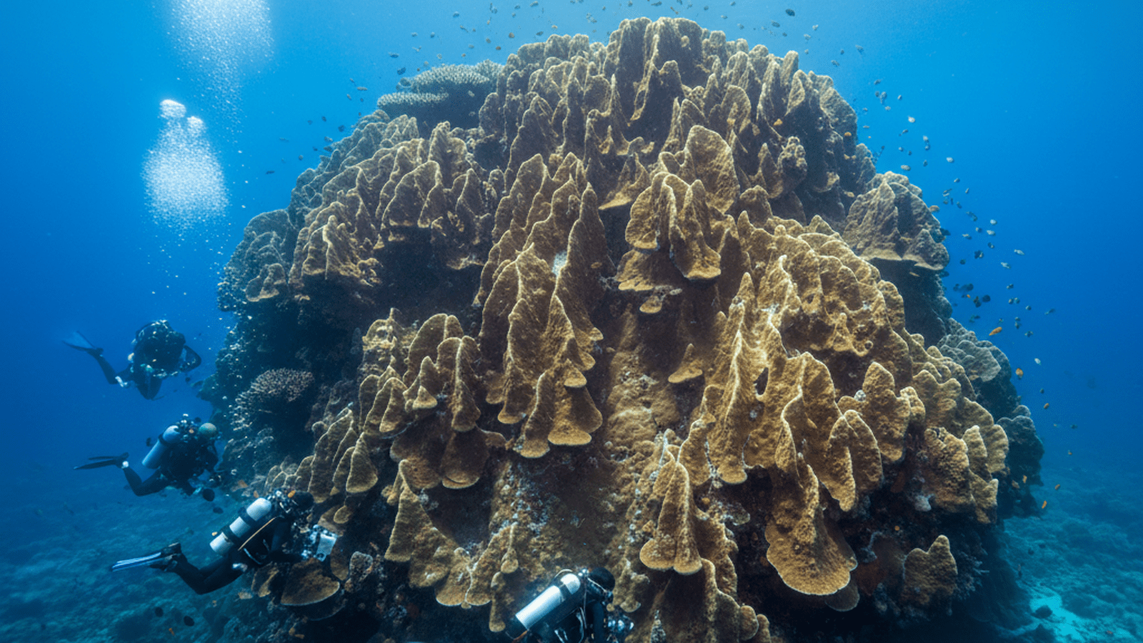 A wide-angle underwater shot of a massive, mountain-like coral colony on the seabed with divers nearby for scale.
