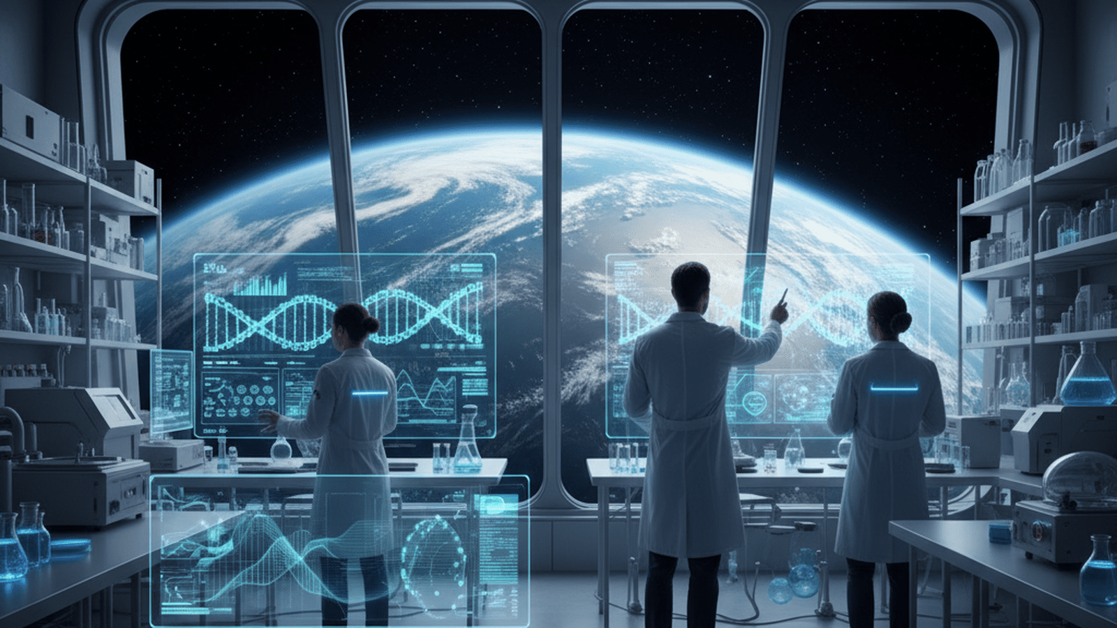Scientists in a modern laboratory analyze genetic data with a view of Earth from a space station window.